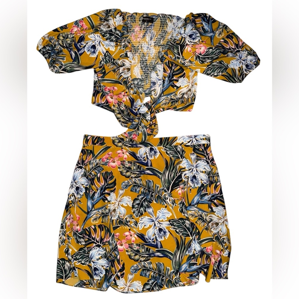 Rebdolls Mustard Floral Tie-Front Skirt Set